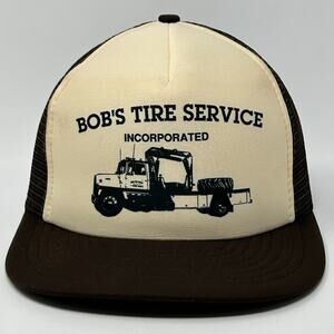 Vintage 80s Bobs Tire Service Trucker Hat Baseball Cap Mesh Snapback Brown